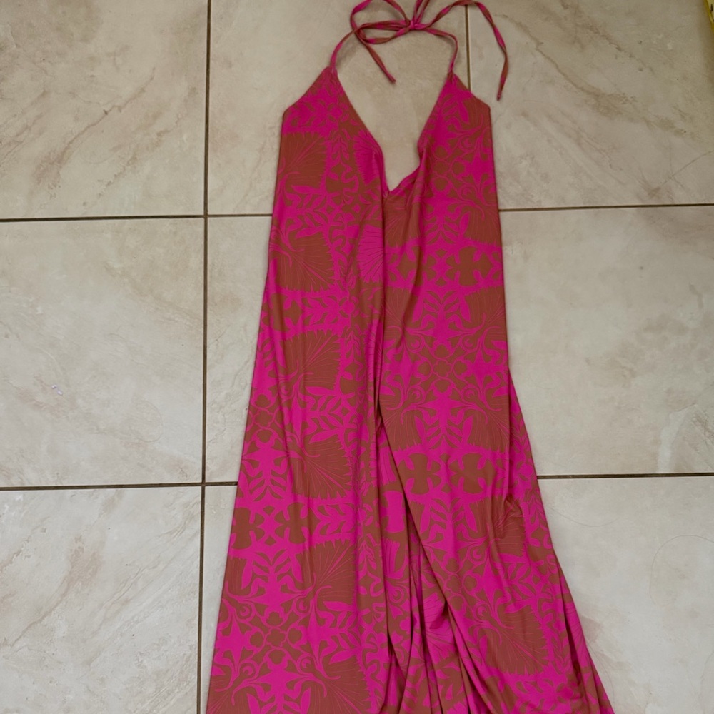 Manuhealii Hot Pink and Brown Halter Maxi Dress